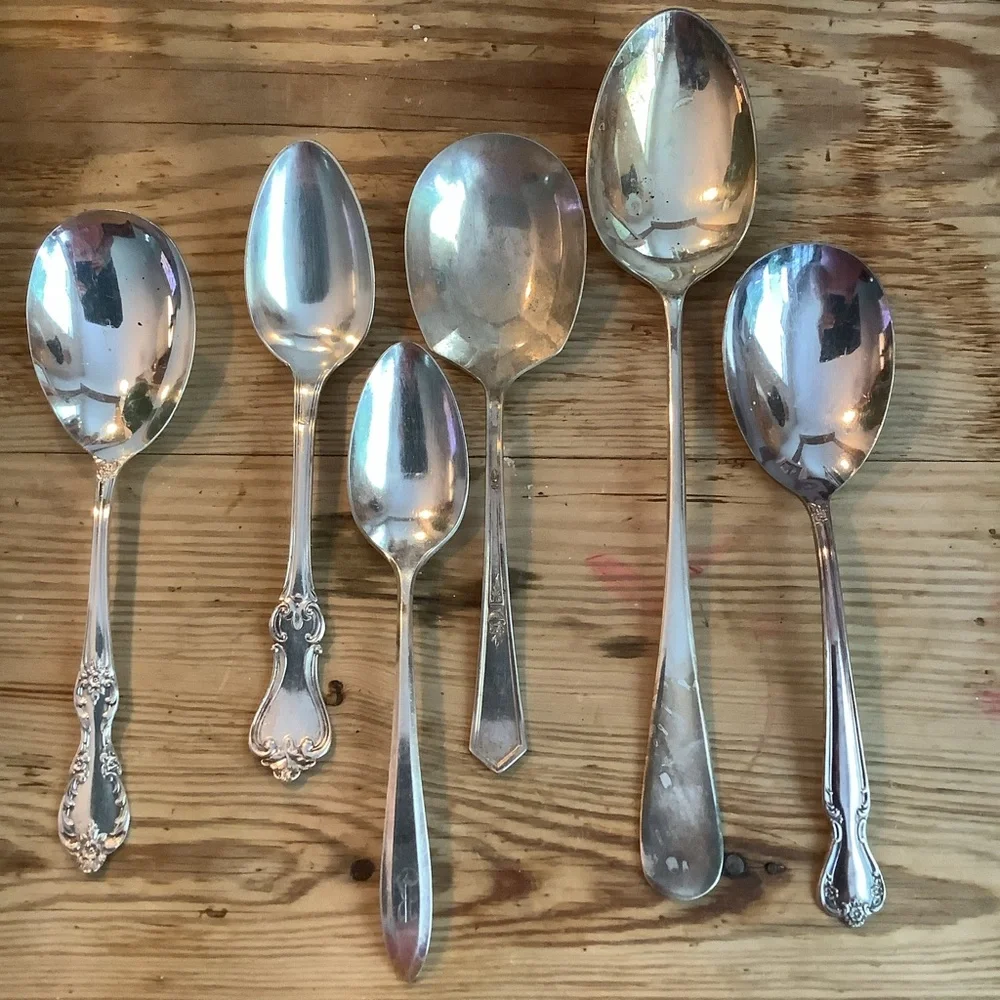 Set of 6 Vintage Antique Large Silver Plate Serving Spoons
